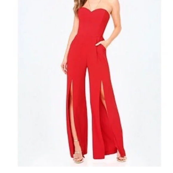 bebe Pants - Bebe x Naven‎ Elegant Red Strapless Sweetheart Front Slits Jumpsuit